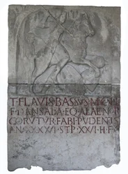 Tombstone of the Flavian-era eques alaris (ala cavalryman) Titus Flavius Bassus, son of Mucala. A Dansala